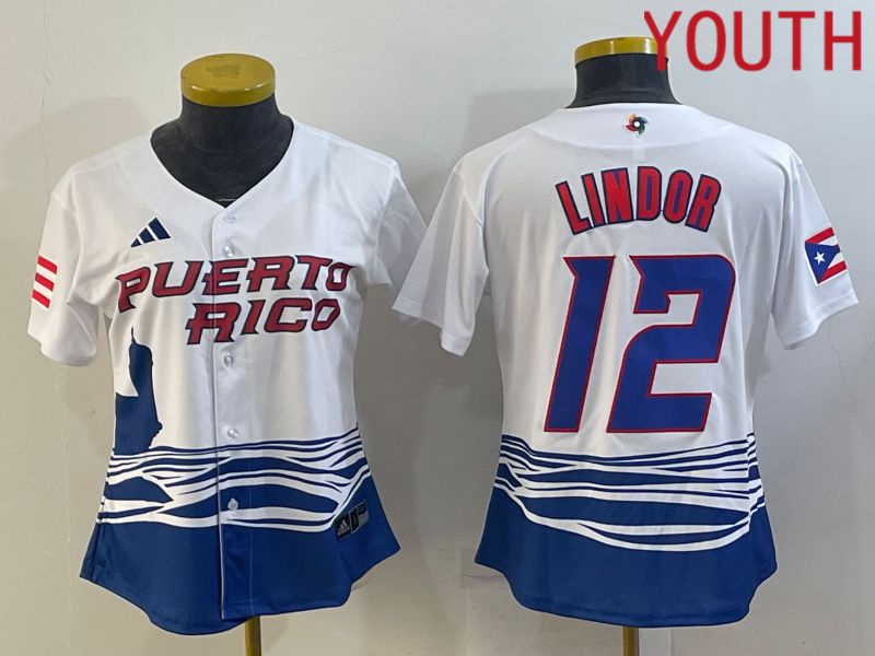 Youth 2023 World Cub Puerto Rico 12 Lindor White MLB Jersey
